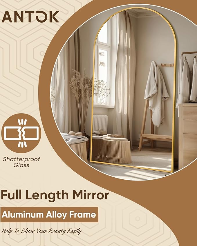 Antok Full Length Mirror, 78"x38" Floor Mirror with Stand, Hanging Mounted Mirrors for Bedroom, Living Room, Cloakroom, Dining Room, Gold, Arched