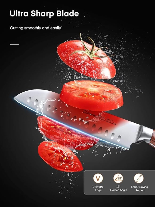 Knife Set with Block, 16 Pcs Stainless Steel Kitchen Knife Set with Sharpener & Wooden Block, Knife Block Set with Wood Handle, Chef, Santoku, Bread, Utility, Paring & Carving Fork Knife, Brown