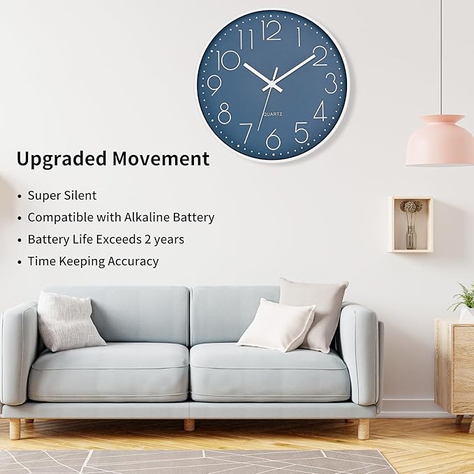 Foxtop 14 Inch Wall Clock Large Silent Non-Ticking Battery Operated Round Quartz Modern Wall Clock Decorative for Office Living Room Bedroom Kitchen Home (Cerulean)