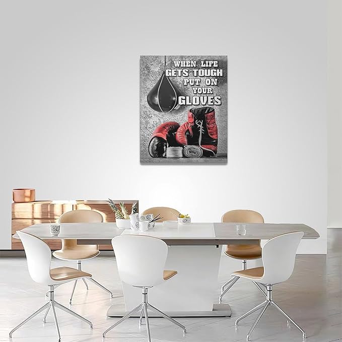 Boxing Posters Wall Art Red Boxing Gloves Pictures Wall Decor Black And White Inspirational Quotes Canvas Prints Painting Artwork Sports Canvas Home Decorations For Teen Boys Room Dorm Bedroom 16"x20"