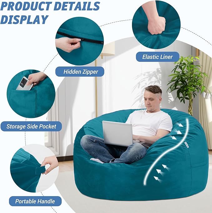 3FT Bean Bag Chair with Ultra Soft Velvet Cover Bean Bag Sofa with Memory Foam Bean Bag Chairs with Large Size Lazy Sofa for Dorm Office Living Room Bedroom Sea Blue 3'