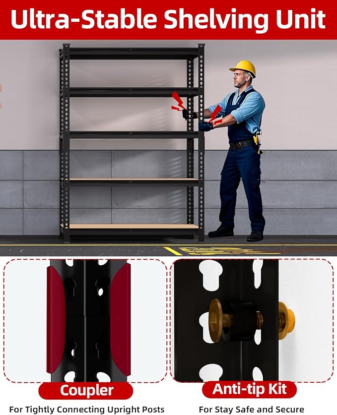 PrimeZone 35.5" x 12" x 72" Heavy Duty Storage Shelves - 5 Tier Adjustable Garage Storage Shelving, Metal Storage Utility Rack Shelf Unit for Warehouse Pantry Closet Kitchen, Black, 4 Pack