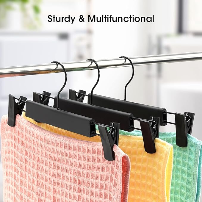 Clothes Pants Hangers, Space-Saving Skirt Holders with 360 ° Swivel Hooks, Adjustable Clips, Trouser Hangers, Clothes Coat Garment Jeans Hangers (30 Pack, Black)