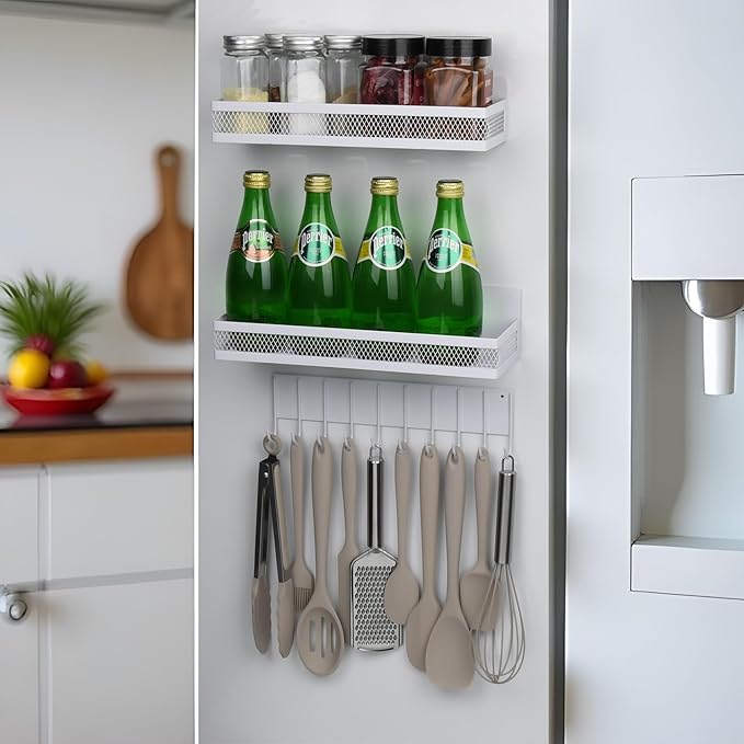 3-Pack Magnetic Spice Rack for Refrigerator, Moveable Shelf with 10 Hooks, Fridge Organizer for Kitchen Storage, White