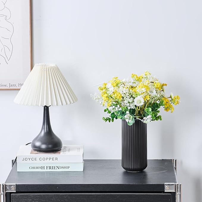 Black Ceramic Flower Vase for Pampas Grass, 10 inch Large Decorative Centerpiece Ribbed Vase for Dining Table, Office Desktop, Shelf Bookshelf, Mantel, Entryway, Bathroom, Countertop, Farmhouse, Gift