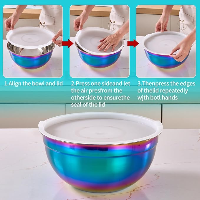 6 Piece Rainbow Mixing Bowls with Lids for Kitchen, Stainless Steel Mixing Bowls Set Ideal for Baking, Prepping, Cooking and Serving Food, Nesting Metal Mixing Bowls for Space Saving Storage