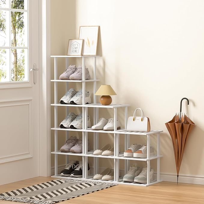 White Bamboo Shoe Rack - Vertical Shoe Rack for Small Spaces
