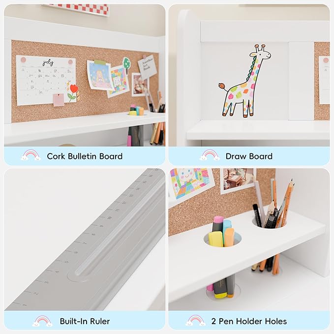 Kids Study Desk with Chair and Tiltable Desktop, Kids Stud Des and Chair Set with Hutch&Storage Cabinet, Wooden Children Study Table for 5-12 Years Old, Student Writing Desk for Bedroom (White)