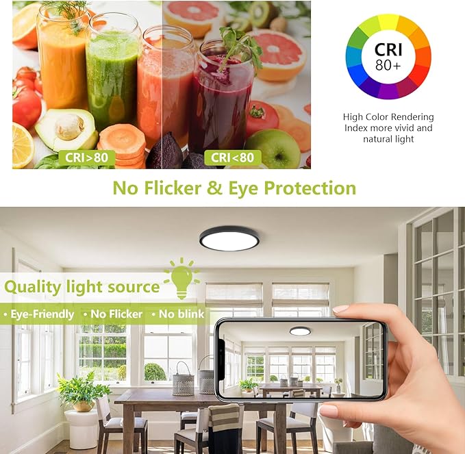 20'' Dimmable LED Flush Mount Ceiling Light with Remote Control, 2700K-6500K Color Temp Adjustable, 4200LM Ultra-Thin Flat Round Fixtures for Bedroom, Kitchen, Office, Black