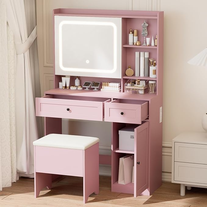 Vanity Table with Hidden Storage & LED Mirror - Includes Padded Stool, 5 Compartments, 2 Drawers & 1 Storage Cabinet - Ideal Bedroom Makeup Dressing Table Pink