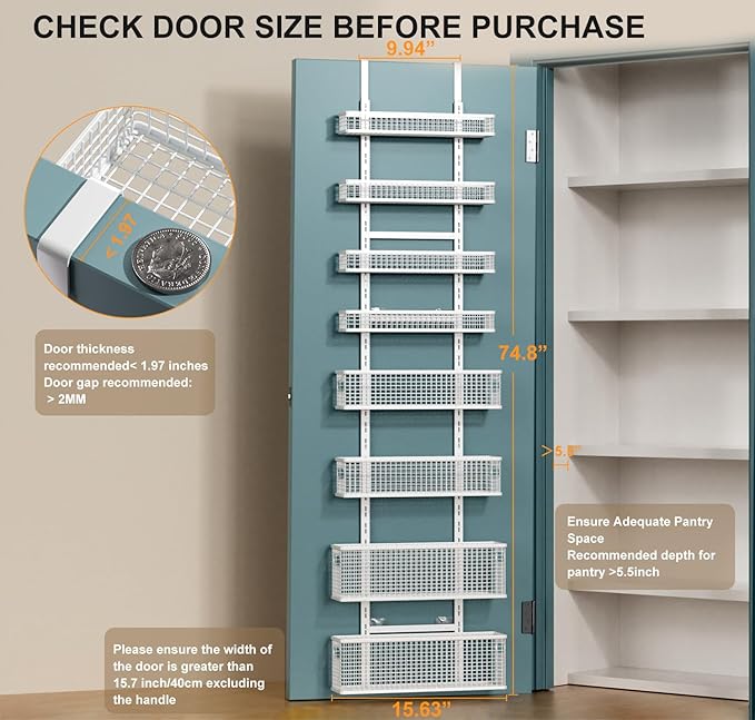 8-Tier Over The Door Pantry Organizer,Hanging Spice Rack,Over Door Adjustable Basket with Handle,Pantry Organization And Storage, Laundry Room,Bathroom,Large Capacity,D5.3xW15.7xH74.8 in