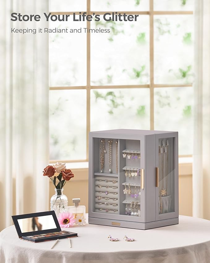 360° Rotating Jewelry Box with 5 Drawers, Spacious Vertical Jewelry Organizer with Glass Window, Jewelry Storage Case, Dustproof & Moisture-resistant Design, Grey