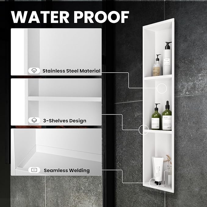 Stainless Steel Shower Niche 8" x 36", 3-Tier Shower Niches No Tile Needed, Recessed Niche for Shower Wall, Shower Niche Shelf for Bathroom Storage, White