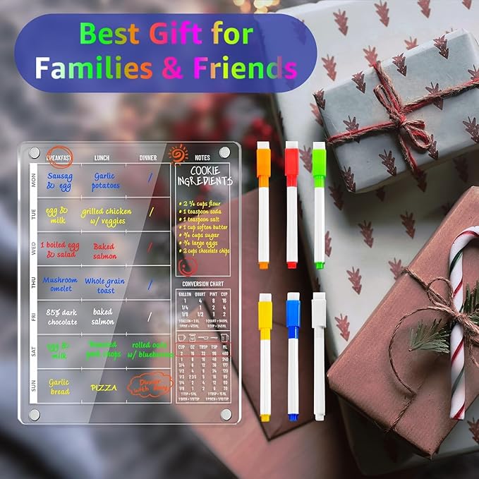 3-in-1 Magnetic Acrylic Meal Planner for Fridge - Clear Weekly Dry Erase Menu Board, Breakfast Lunch Dinner Daily Planner, Healthy Diet Organizer for Kids Teens Family, w/ 6 Markers, 9.5"x12"