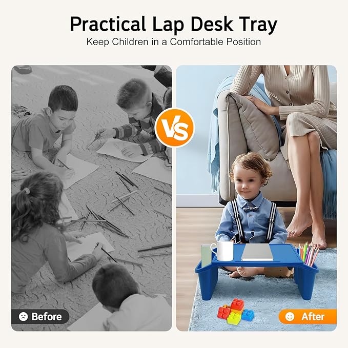 Kids Lap Desk Tray Set of 6, Portable Activity Table, Plastic Stackable Tray for Drawing, Writing, Eating, Classroom, 19.69" L x 9.84" W x 7.09" H, Red + Green + Blue + Yellow + Black + White