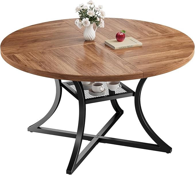 IRONCK 47.2" Round Dining Table for 4, Wood Kitchen Table with Storage Shelf for Dining Room, Dinner Table with Wooden Tabletop and Metal Base, Cherry