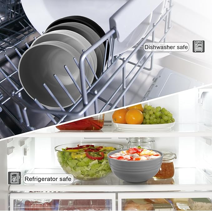 12 Pcs Unbreakable Cereal Bowls Set, 26 Oz Wheat Straw Bowls Set, Microwave & Dishwasher Safe Bowls for Kitchen, Reusable Plastic Bowls for Soup, Salad and Snack, BPA Free, Light Gray