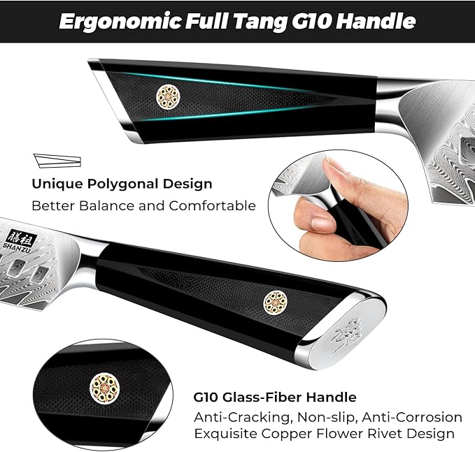 SHAN ZU Damascus Chef Knife Santoku Knife 7 Inch Professional Multifunction Kitchen Knives, 67 Layers Damascus Stainless Steel 10Cr15CoMoV Super Sharp Cooking Knife with G10 Handle/Gift Box