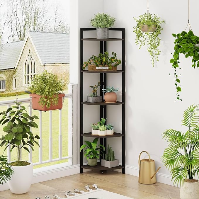 FATORRI Rustic Tall Corner Shelf, 5 Tier Industrial Corner Bookshelf for Living Room, Dark Wood and Metal Corner Plant Stand for Home Office (Walnut Brown)