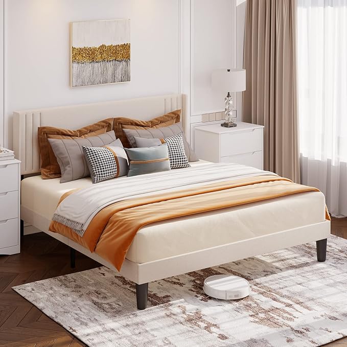 Gizoon Full Bed Frame with Wingback Headboard, Upholstered Platform Bed with Modern Geometric Headboard, Wooden Slats, Noise-Free, No Box Spring Needed