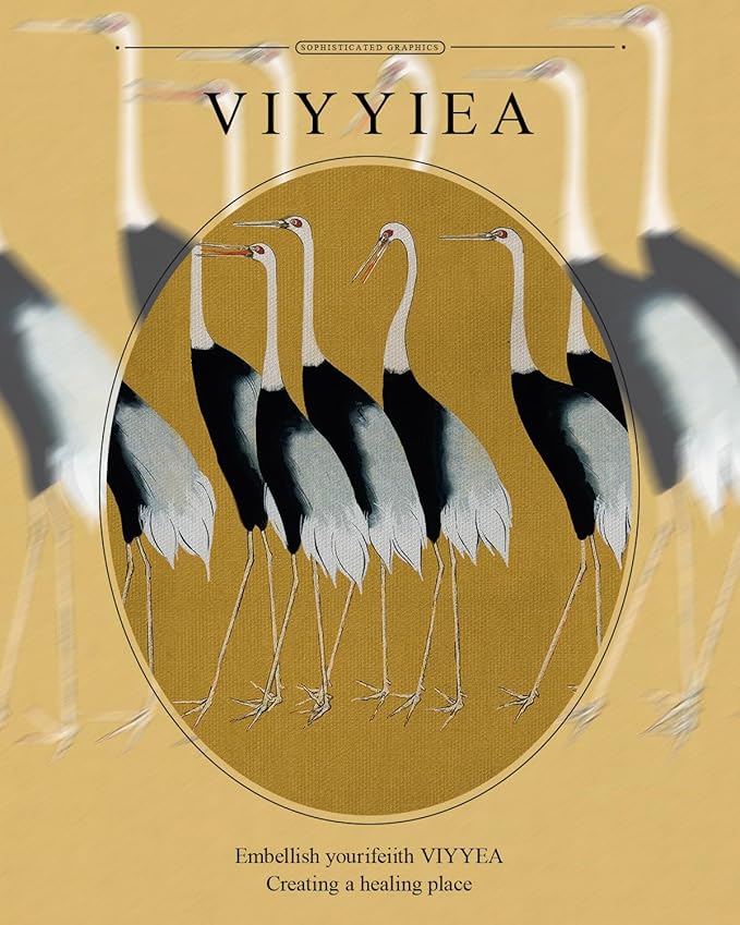 VIYYIEA Gold Framed Wall Art Canvas Print Home Decor, Vintage Cranes Wall Art for Living Room, Vintage Animal Oil Painting Picture, Print Framed Home Decor, Bathroom Wall Decor Seven Cranes 11x14in