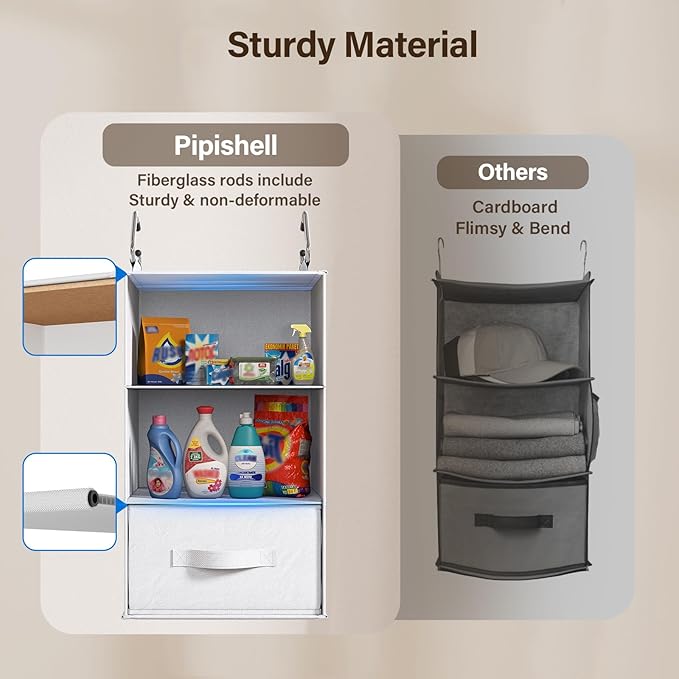 Pipishell 6-Shelf Hanging Closet Organizer, Hanging Shelves with 2 Separable 3-Tier Shelves, Closet Shelves Organizer with 3 Removable Drawers for Wardrobe, Nursery, Baby Clothes Organizer, White