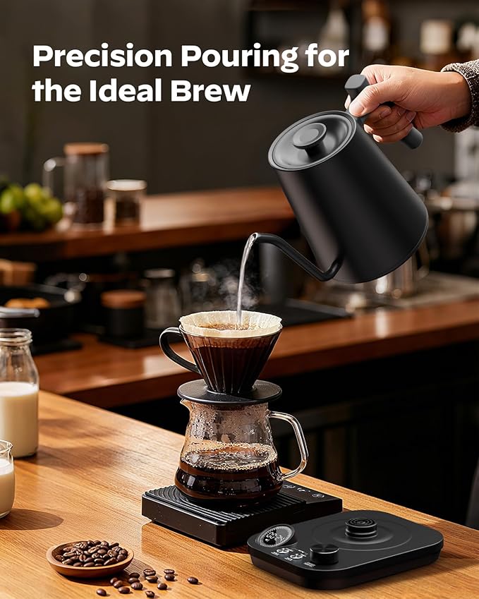 Silonn Gooseneck Kettle, Electric Kettle with ±1°F Precise Temperature Control, Pour-Over Coffee,212°F Hold for 4-Hour Warmth, LED Brew Timer and 7 Presets, 304 Stainless Steel Kettle, 1200W/0.9L