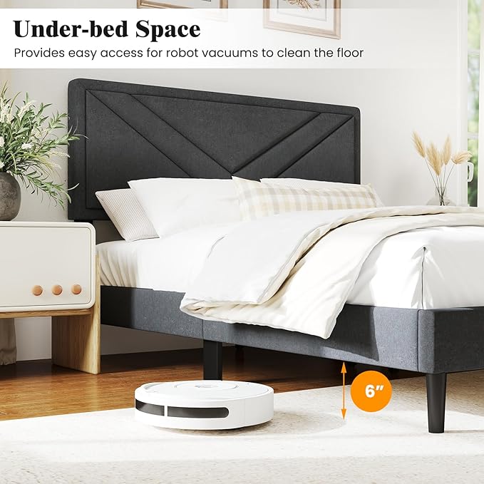 Giantex Full Size Platform Bed Frame, Modern Upholstered Bed Frame with Diagonal Channel Tufting, Wooden Slats Support, No Box Spring Needed, Gray