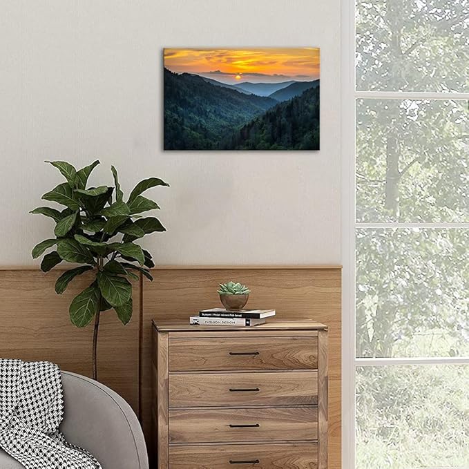 Forest Sunrise Wall Art Decor Great Smoky Mountains Photo Prints National Park Landscape Canvas Painting Artwork Framed for Bedroom Living Room (16x24 inch)