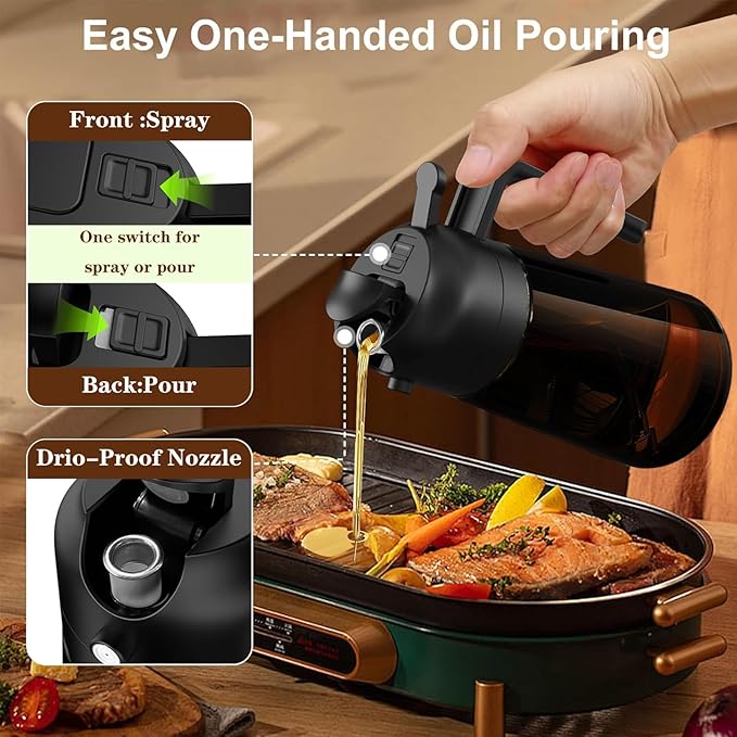 Oil Sprayer for Cooking, 16oz Olive Oil Dispenser Bottle for Kitchen Gadgets, 2 in 1 Adjustable Mist Spray and Precision Pour Spout Dark Brown Bottle with Stickers for Air Fryer, Salad