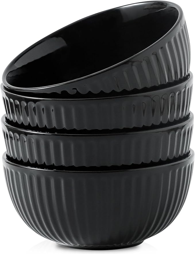 Hasense 7 Inch Large Serving Bowls Set of 4, 42 Oz Black Ceramic Salad Bowl for Kitchen,Modern Ribbed Porcelain Dishes for Entertaining,Soup,Pho,Pasta,Cereal, Noodle - Dishwasher & Microwave Safe