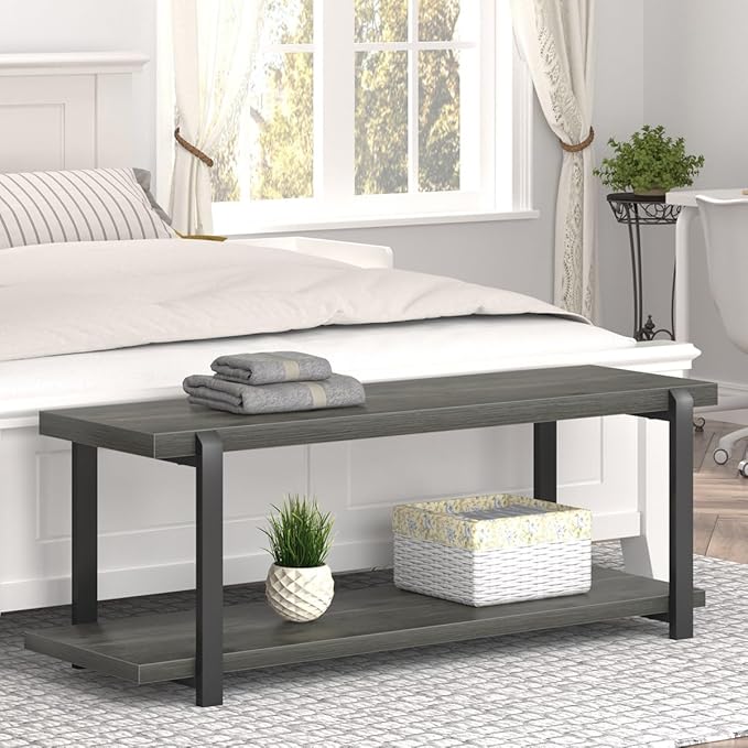 EXCEFUR Industrial Entryway Bench with Storage, Rustic Wood and Metal Shoe Rack Bench Seat, 47 Inch Grey
