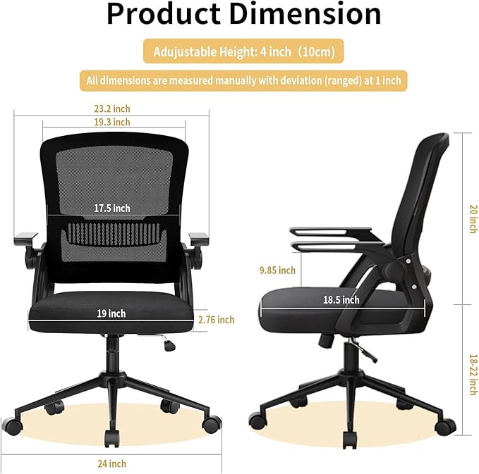 naspaluro Ergonomic Office Chair | Mesh Back, Flip-Up Arms, Lumbar Support | Adjustable Height & Tilt Swivel – Comfortable Desk Chair for Home Office, Study, Work – Black