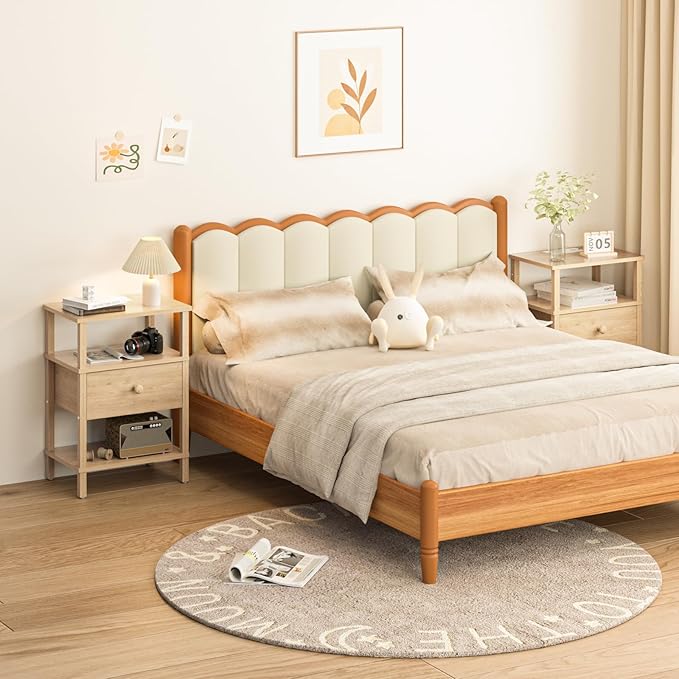 Lerliuo Nightstand Set of 2 with Charging Station and USB Ports, 3-Tier Storage End Table with Drawer Shelf, Night Stand for Small Spaces, Wood Bedside Table for Living Room, Bedroom - Natural Wood