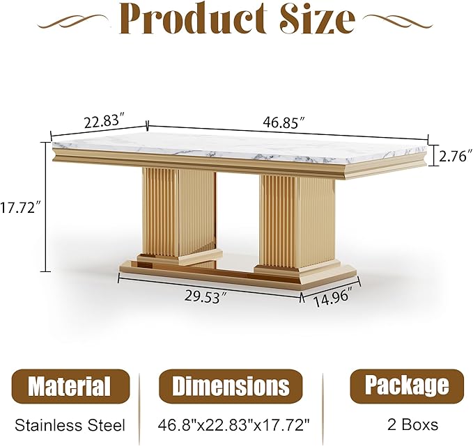 47" Marble Coffee Table, Modern White Center Table with Golden Pillar Stainless Steel Base, Rectangle Faux Marble Coffee Table for Living Room, Office
