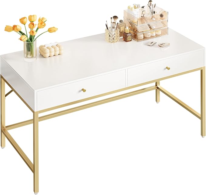 SUPERJARE Vanity Desk with Drawers, 47 inch Computer Desk, Modern Simple Home Office Desks, Makeup Dressing Table for Bedroom - White and Gold, 7997G