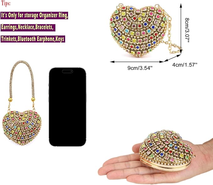 Ayliss Jewelry Trinket Box Heart Shaped Rhinestones Love Jewelry Gift Box Storage Organizer Ring/Earrings/Necklace Women Evening Clutch Rhinestone Purses (Gold)