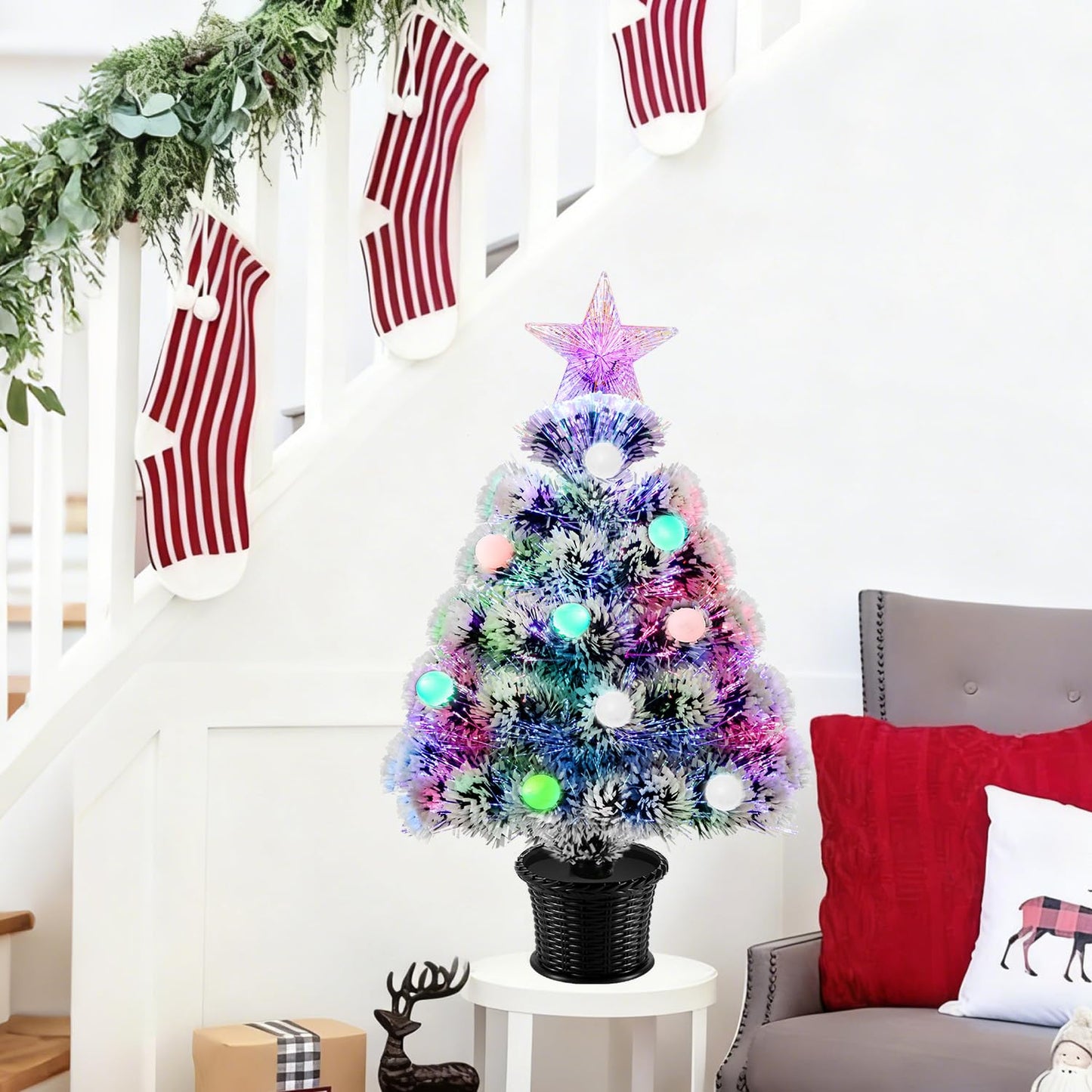 22inch Small Mini Fiber Optic Christmas Tree,Pre-lit Tabletop Artificial Xmas Trees with Balls,RGB Lights,Treetop, Battery/USB Powered White Tiny Fake Xmas Tree Decorations for Desktop,Holiday