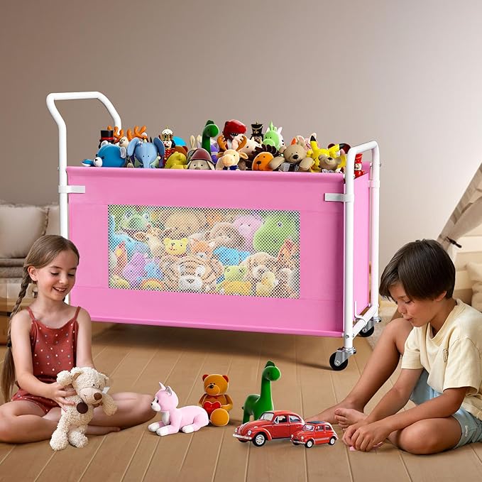 KEEGH Extra Large Toy Box for Kids with 360° Rotating Wheels, Heavy Duty Toy Chest for Boys and Girls, Toy Storage Organizer for Kids, Toy Bins for Living Room, Nursery, Bedroom (Pink)