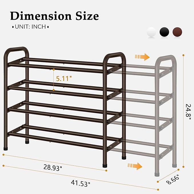 4 Tier Shoe Rack for Closet,Shoe Organizer, 28“ Metal Shelf Can Expandable to 42“, for Bedroom, Entryway, Living Room, Garage, Adjustable to 24 Pairs Shoes, Rustic Brown