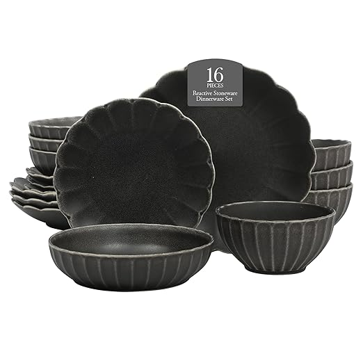 Gibson Elite Malibu Shore 16 Piece Scallop Stoneware Reactive Glaze (Service for 4) Ceramic Plates and Bowls Dinnerware Set - Black