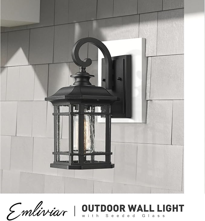 Emliviar Outdoor Wall Lantern Lights, 1-Light Exterior Wall Sconce Lamp, Black Finish with Clear Seeded Glass, 2084B BK