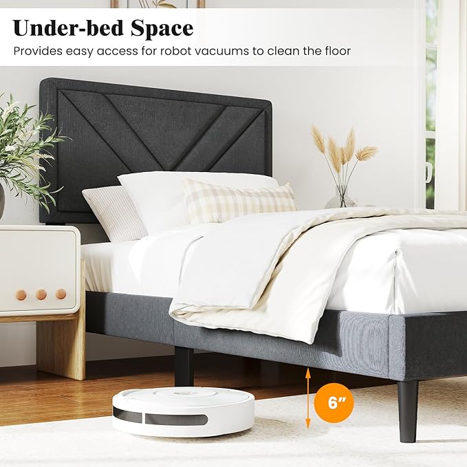 Giantex Twin Bed Frames with Headboard, Modern Upholstered Platform Bed Frame with Diagonal Channel Tufting Headboard, Wooden Slats Support, No Box Spring Needed, Gray