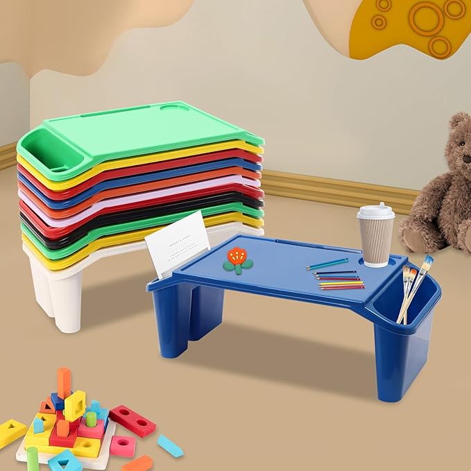 6 Pack Kids Lap Desk Tray with Storage Slots, Stackable Portable Lap Tray - Multicolor Kids Plastic Table, Activity Trays, Laptop Desk for Bed, Nursery, Reading, Doing Homework, 19.7x9.8x7.1''