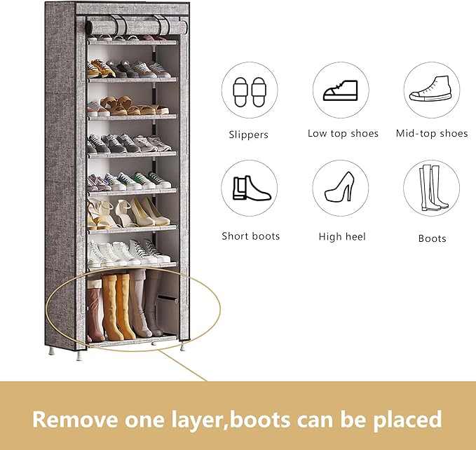 Calmootey 9 Tier Shoe Rack Organizer,Portable Shoe Shelf with Nonwoven Fabric Cover for Closet Hallway,Bedroom,Entryway, Ash Grey