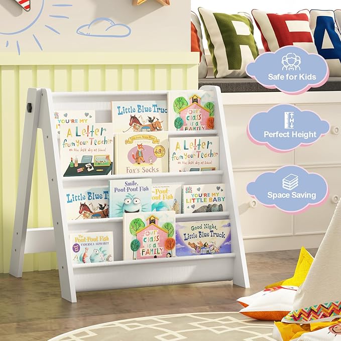 NACHES 4-Tier Foldable Kids Bookshelf, Large Capacity Montessori Sling Bookcase with 4 Deep Fabric Pockets, Magazine and Book Storage Rack for Nursery, Kids Room, Bedroom, Playroom (White)