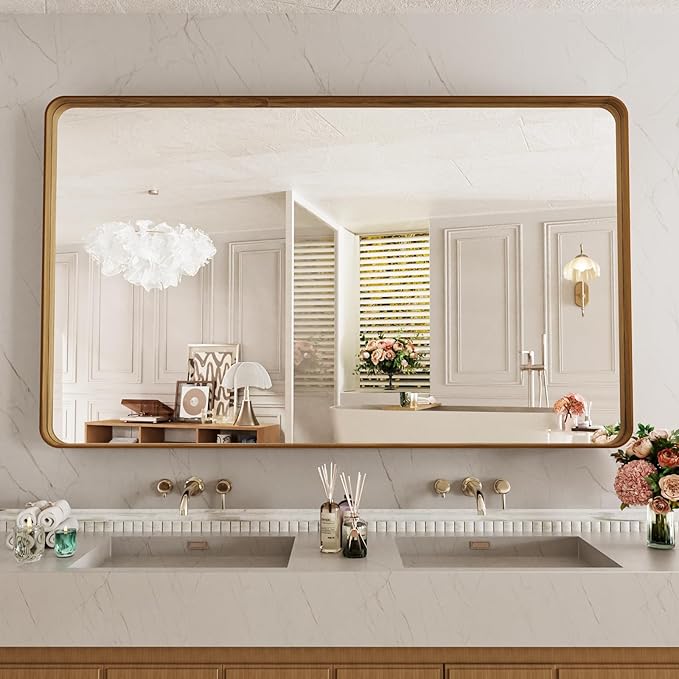 LOAAO 60X36 Inch Bathroom Mirror with Wood Grain Colored Metal Frame, Rounded Rectangle Metal Framed Bathroom Mirror, Anti-Rust, Hangs Horizontally or Vertically, Tempered Glass