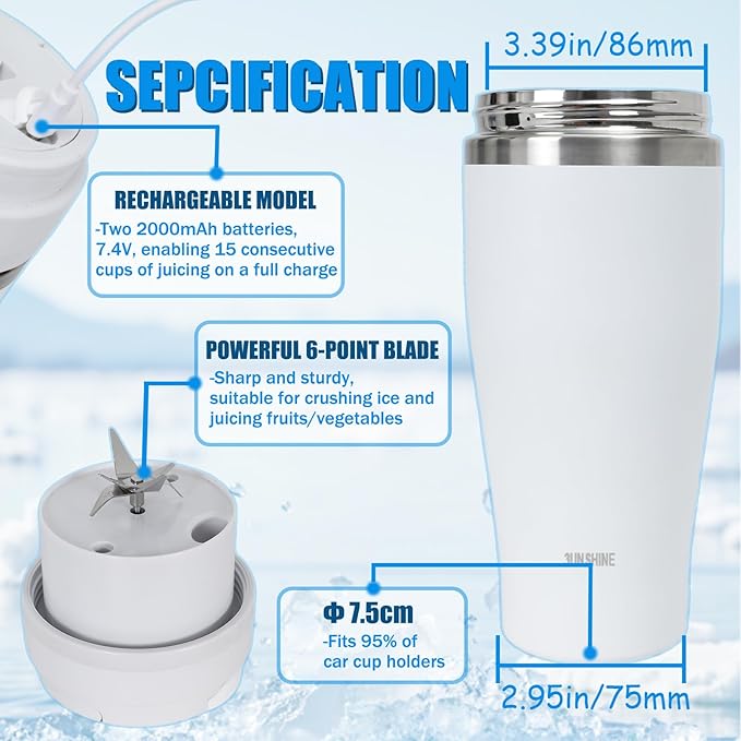 Ice Shave 2-in-1 Stainless Steel Vacuum Tumbler & Cordless Blender - 28oz, Leak Resistant, Cold 24Hrs/Ice 2 Days, 120 Watts with Waterproof Charging - For Smoothies, Home/Office/Car, White