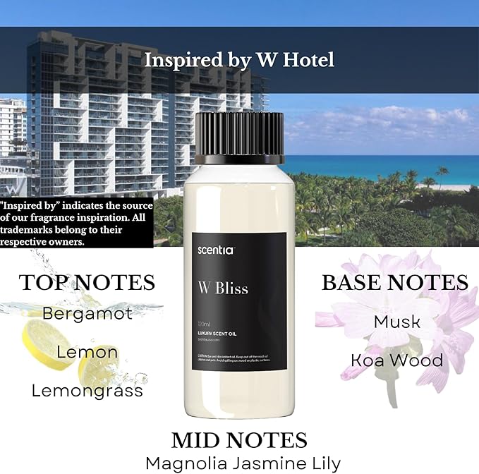 W Magic Hotel Diffuser Oil Inspired by W Signature Hotel - 120 mL 4.06 fl oz - Aromatherapy Fragrance Inspired by 5-Star Hotels | Notes of Bergamot, Lemongrass, Jasmine