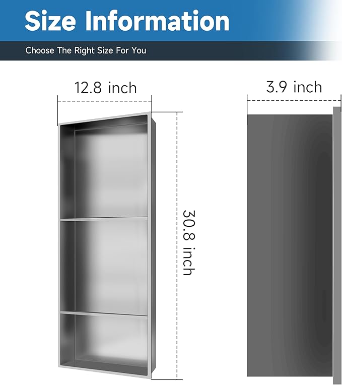 30" X 12" Stainless Steel Shower Niche Insert Tile Ready, Niche for Shower Wall, 3-Tier Recessed Shelves No Tile Needed for Bathroom Storage, Brushed Nickel